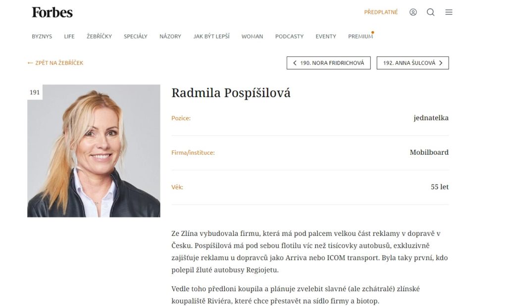 Radmila Pospíšilová ve Forbes 2023 se umístila na 191. příčce